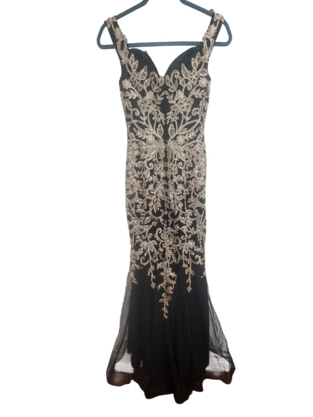 JVN by Jovani Black Gold Embroidered Mermaid Evening Gown Prom Formal Dress 2 - Picture 7 of 15